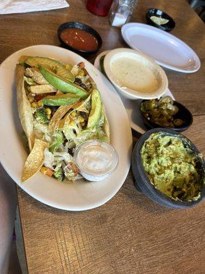 Taco salad, guac and queso