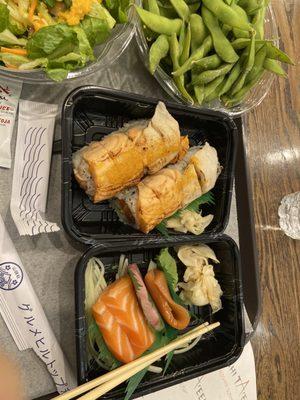 Sashimi edamame salad and roll Ta'eem Roll