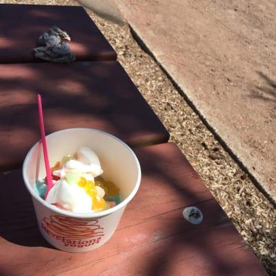 cotton candy, tart, and strawberry toppings: gummy bears, Mochi, and mango boba