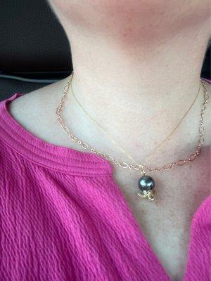 Permanent Jewelry, Tahitian Pearl Necklace with a Turtle hatching from egg.