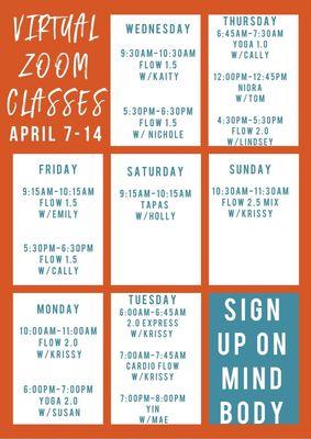 Follow us on Facebook and Instagram to get our weekly virtual class schedules until we can re-open the studio. Or go to www.b-1yoga.com