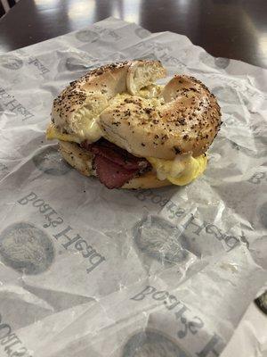 Pastrami egg and pepperjack on a toasted everything bagel!