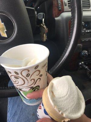 $1.60 vanilla ice cream served on a cone and cup.