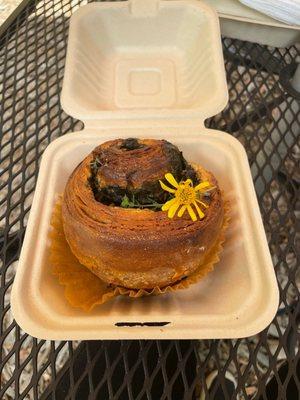 Spinach and marzipan cruffin