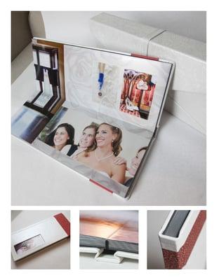 8x20 white leather and red silk album with metallic print thick pages