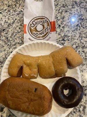 Bear claw, cake with chocolate icing, and jalapeño and cheese kolache (the best)