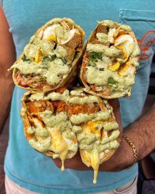 BEYOND BREAKFAST BURRITO and HAUS BURRITO covered in our SPICY BASIL AIOLI