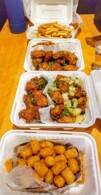 Fries, tater tots, and chicken wings