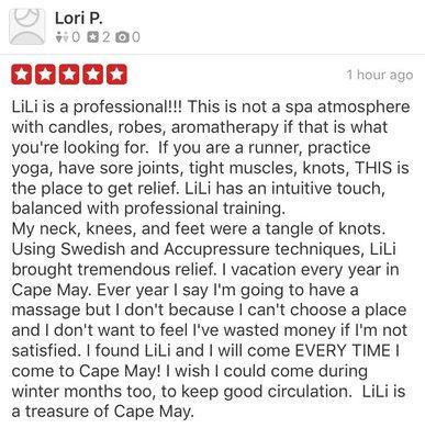 There are 2 Yelp Listings for LiLi Massage. I wrote this on the other site.