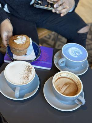 Butterfly latte, London fog, mocha, and lemon poppyseed muffin