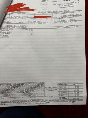 Receipt from dealership of corrections and what happened