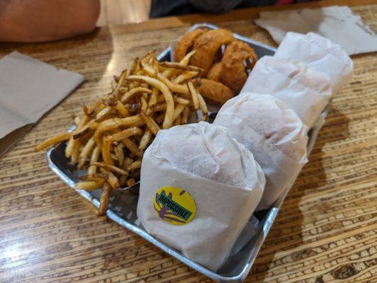 double impossible burger, two chicken sandwiches and a elevation burger with lg fries and lg onion rings