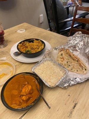 Lamb Biryani, Butter Chicken, and Garlic Naan