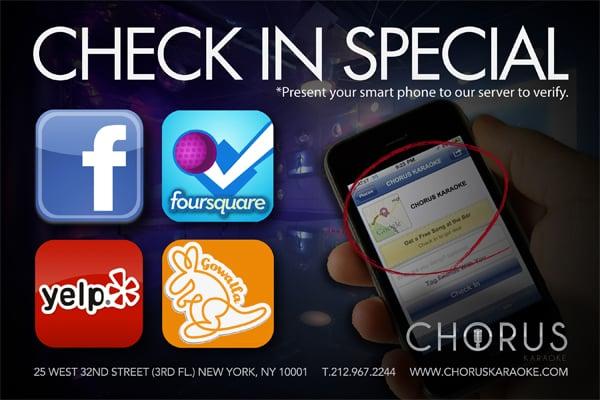 Check-in Special

ChorusKaraoke.com
facebook.com/ChorusKaraoke
twitter.com/ChorusKaraoke