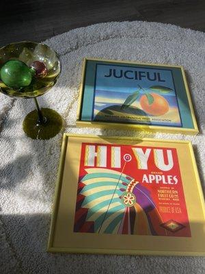 Vintage glassware, framed wall art/posters