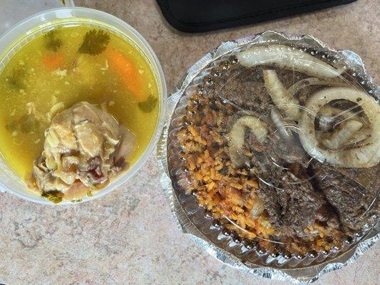 Sopa De Pollo / Chicken Soup, Bistec Encebollado / Steak & Onions