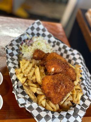 Halibut cheeks with fries and poppyseed coleslaw