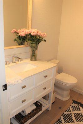 Powder room faucet, counter-top, vanity, hardware, paint (walls and baseboard)