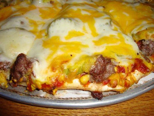 Cheeseburger Pizza, close-up.