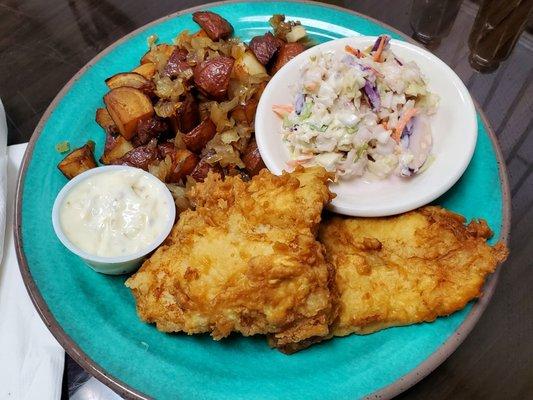 Fried fish and home made cole slaw and home fries