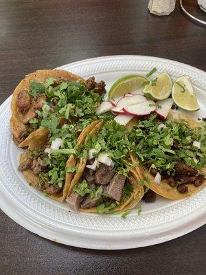 Tacos: tripa, asada, lengua, Al pastor