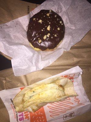 Top: Chocolate Coconutty donut (~$1.20). Bottom: veggie egg white wake up wrap (~$2).