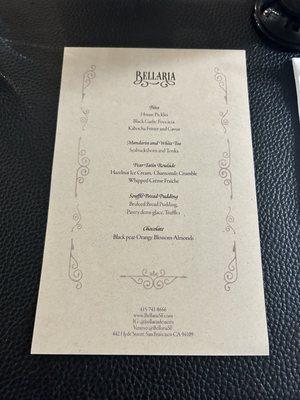 Menu for tasting course