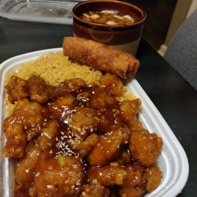 Sesame chicken fried rice and egg roll