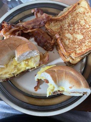 Bacon Scrambled Egg Cheese Bagel and French Toast and side of Bacon