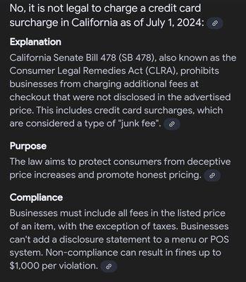 CA state law pertaining to credit card surcharge