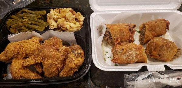 Cheesesteak eggrolls, fried chicken, macaroni & cheese, string beans