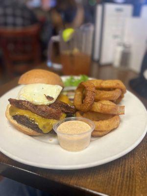 Widow Maker: Burger topped with an egg, extra cheese, and applewood smoked bacon