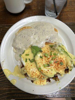 Santa Fe Benedict with a side of Biscuits & Gravy.