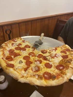 Cheese Pizza with Onions and Pepperoni