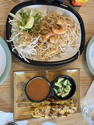 Shrimp pad thai and chicken satay