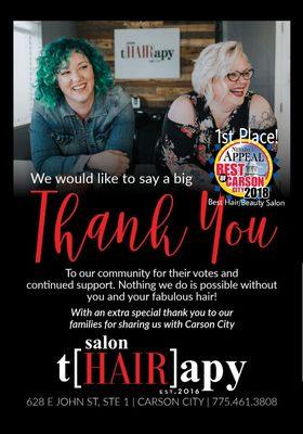 Thanks for voting us the Best Hair/Beauty Salon in Carson City 2018!