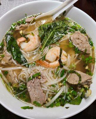 Shrimp, meatball, & rare steak pho