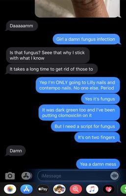 Convo with my friend telling her about the infection.