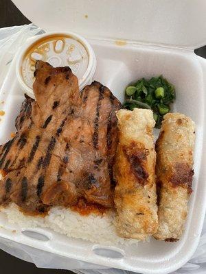 Grilled pork with shrimp egg rolls broken rice plate