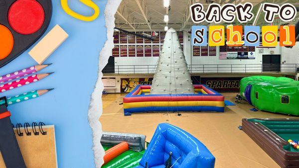 Back to school Party Rentals. Inflatable Rock Wall, Battle Light Maze, Human Billiards, Inflatable Hungry Hippos