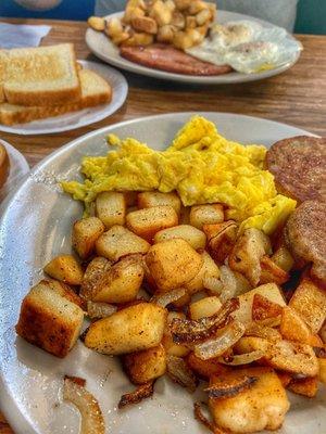 Scrambled Eggs, Sausage, Home Fries & Onions with Toast