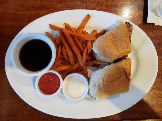 French Dip sandwich with sweet potato fries