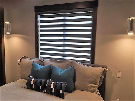 Designer Banded Shades add the finishing touch in this Flagstaff Ranch bedroom.