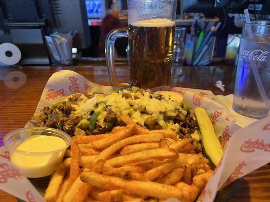 Philly Cheese, Fire Fries and a tall Yuengling.