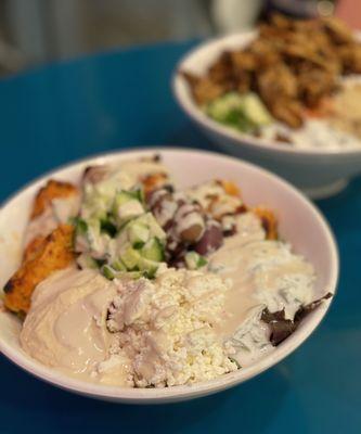 Chicken Kabob Bowl (front); Chicken Shawarma Bowl (back).