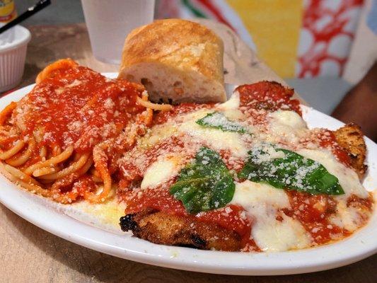 Parmigiana (Chicken Parm). Chicken breast pounded thin and breaded, marinara, baked with fresh mozzarella. $19.