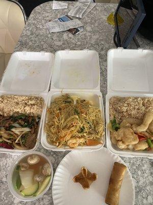 Mongolian beef, Singapore noodles, sweet and sour chicken, Wonton soup