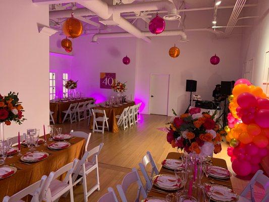 40th birthday party pink & orange - main room @ CME Event Studio