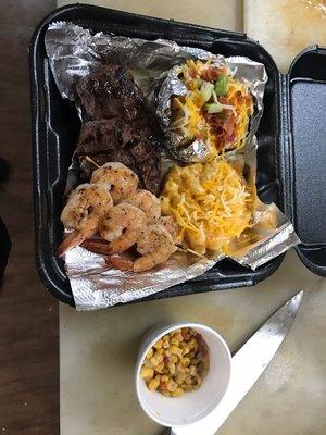 Ribeye, Grilled Shrimp, Loaded Potato and Mac and Cheese