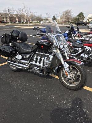 My Triumph Rocket III, the 2,300 cc engine & 180 hp engine let's poor Harley's know they will only see it from behind LOL. Just kidding.